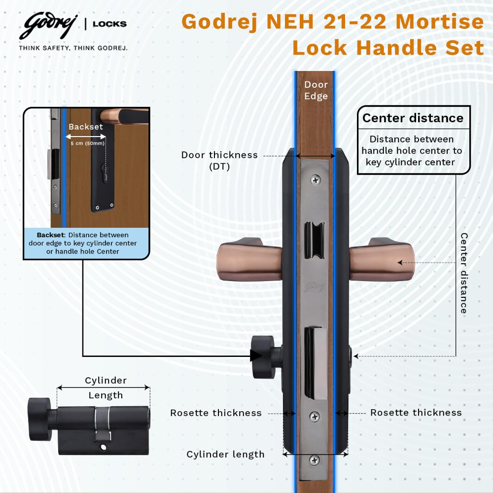 Godrej Mortise Lock|Handle Lock Set for Main & Internal Door of Home & Offices|NEH 21|Black Rose Finish|10 inch Lockbody|60mm Cylinder Key from Outside knob from Inside & 3 Keys|5 Years Warranty
